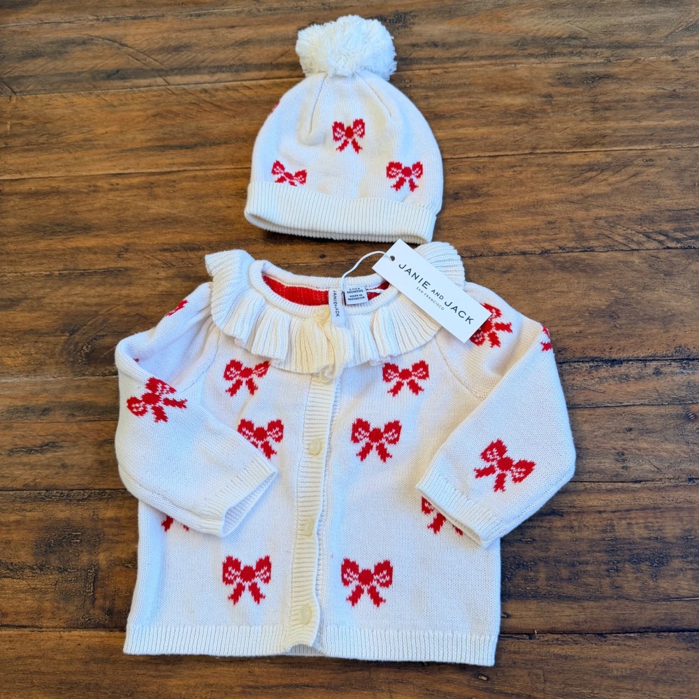 Janie and Jack Baby Girl Cream Red Bow Knit Cardigan‎ and Hat Set 3-6 Months NEW